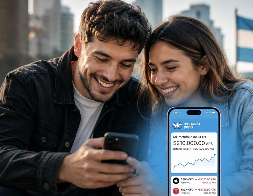 Pareja invirtiendo en CFDs de Mercado Pago desde el celular